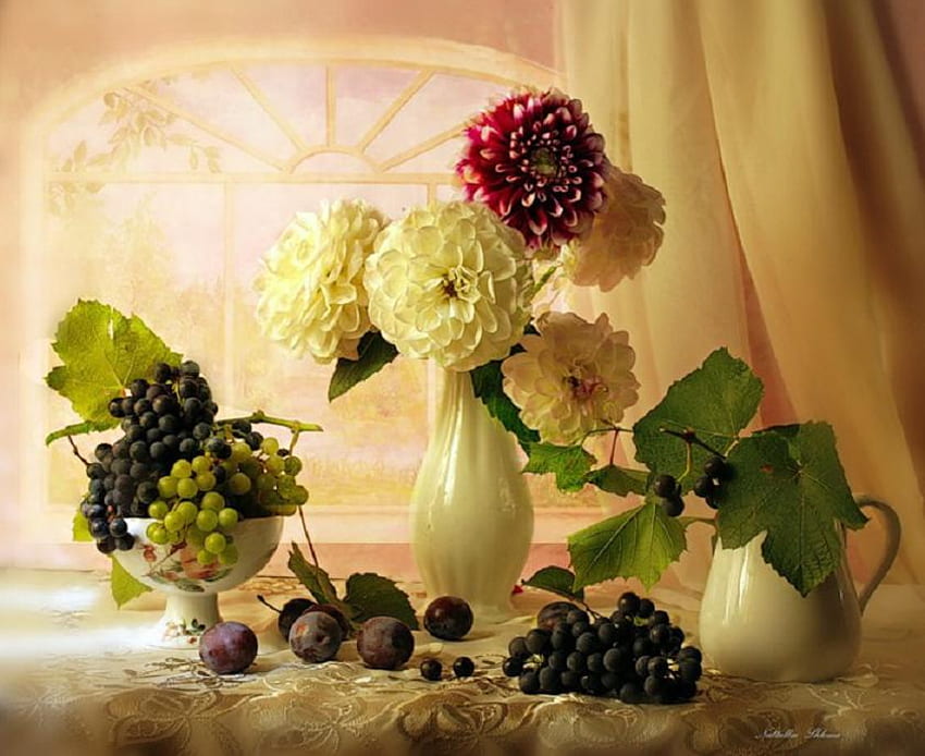 Timeless, window, grapes, vase, cup, curtain, still life, leaves, yellow, flowers, bowl HD wallpaper