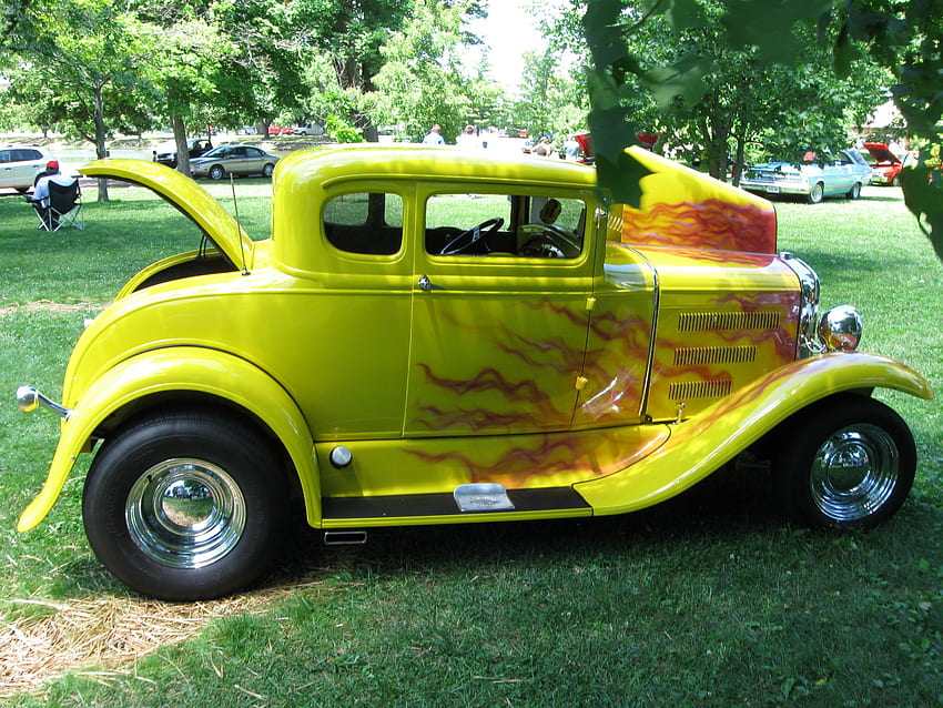 Yellow Fire, hotrod, muscle car, hobbie, car HD wallpaper