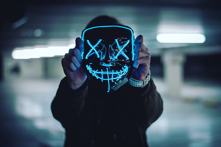 Neon Mask , Blue Lights, Portrait, Anonymous, Face Mask, graphy HD wallpaper