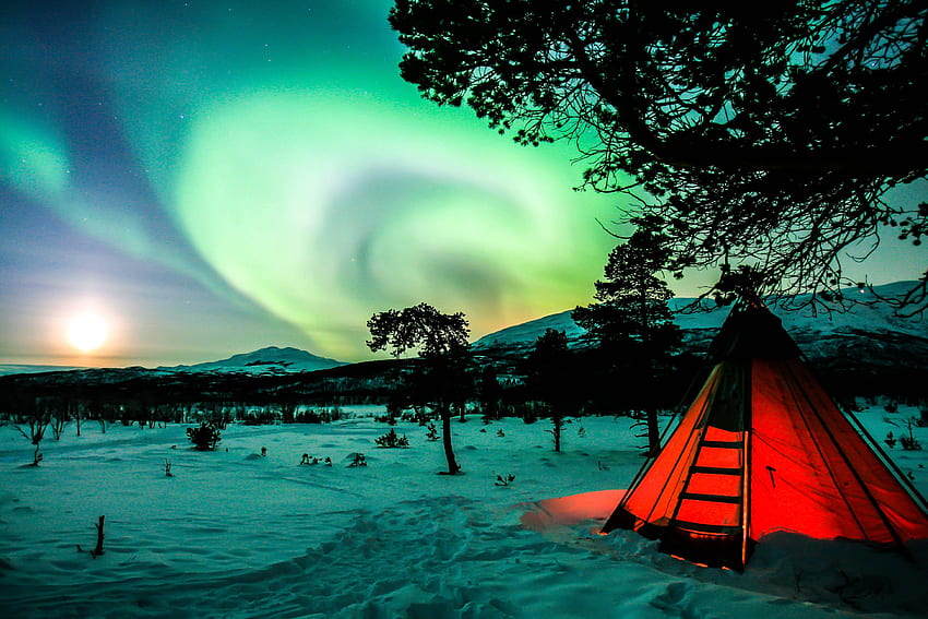 Winter, Night, Dark, Northern Lights, Aurora Borealis, Tent, Camping, Campsite HD wallpaper