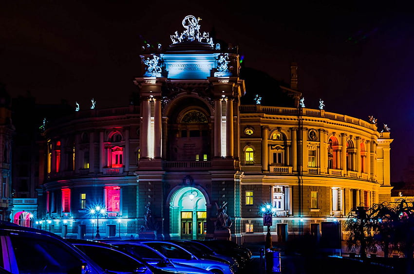 Odessa Ukraine Opernhaus Nacht Straßenlaternen HD-Hintergrundbild