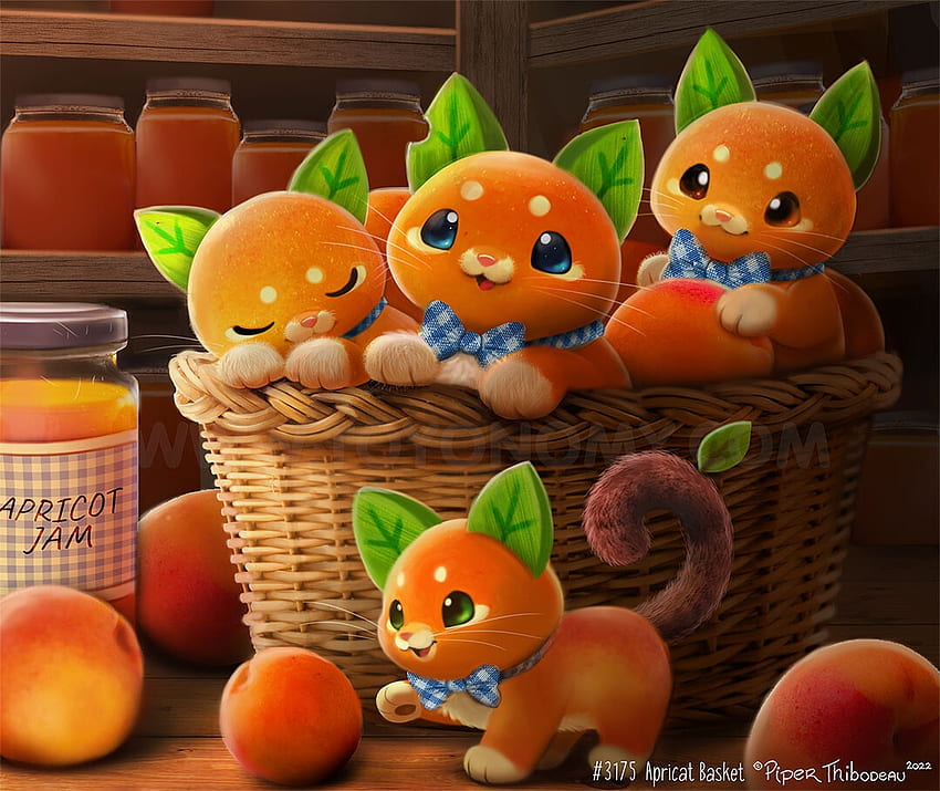 Apricat basket, apricat, fantasy, pisici, piper thibodeau, cat, creature, orange, cute, basket, green HD wallpaper