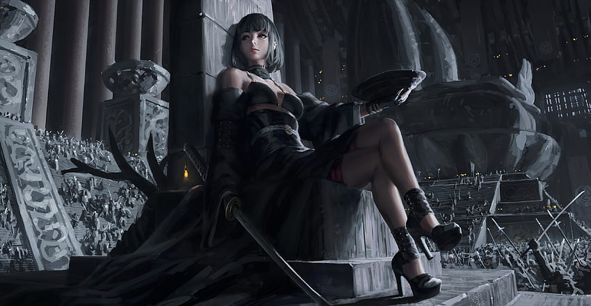 시멘트가 발라진 왕좌에 앉아 있는 검은 드레스 여왕, 아티스트, 배경, 애니메이션 왕좌 HD 월페이퍼