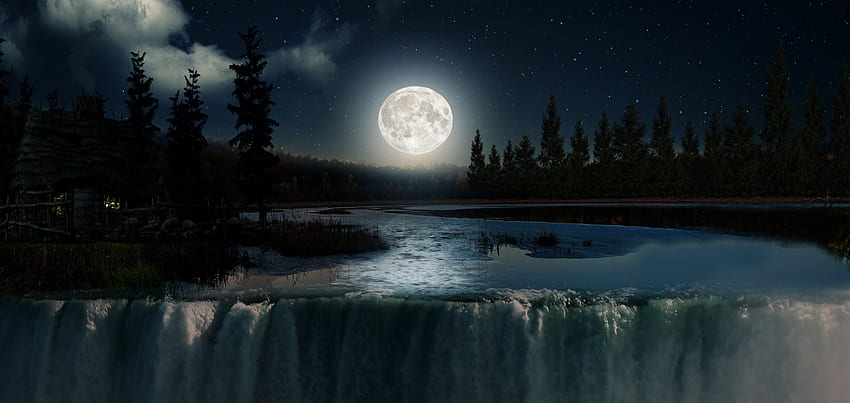 Chiaro di luna, luna, paesaggio, cascata, alberi, cielo, natura, montagne, lago, acqua Sfondo HD