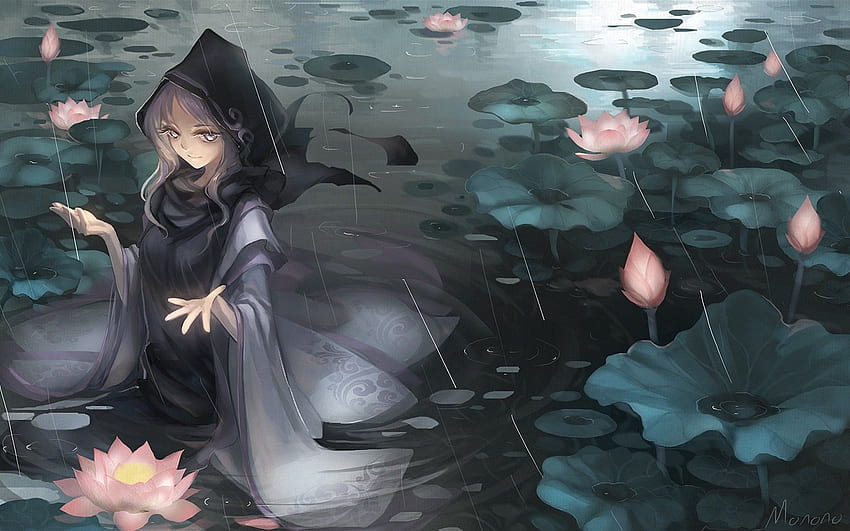 water, video games, Touhou, dress, rain, flowers, leaves, long hair, Japanese Lotus Art HD wallpaper