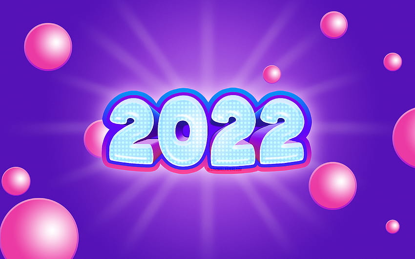 2022 niebieskie cyfry 3D, różowa guma balonowa, szczęśliwego nowego roku 2022, fioletowe abstrakcyjne tła, koncepcje 2022, nowy rok 2022, 2022 na fioletowym tle, cyfry roku 2022 Tapeta HD