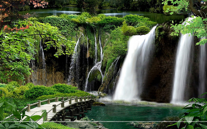 Wasserfälle, Brücke, Fluss, Gras HD-Hintergrundbild