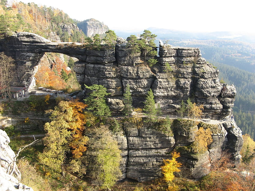 Bohemien Switzerland, Czech Republic, sculpted, layers, stone, sky, vegetation HD wallpaper