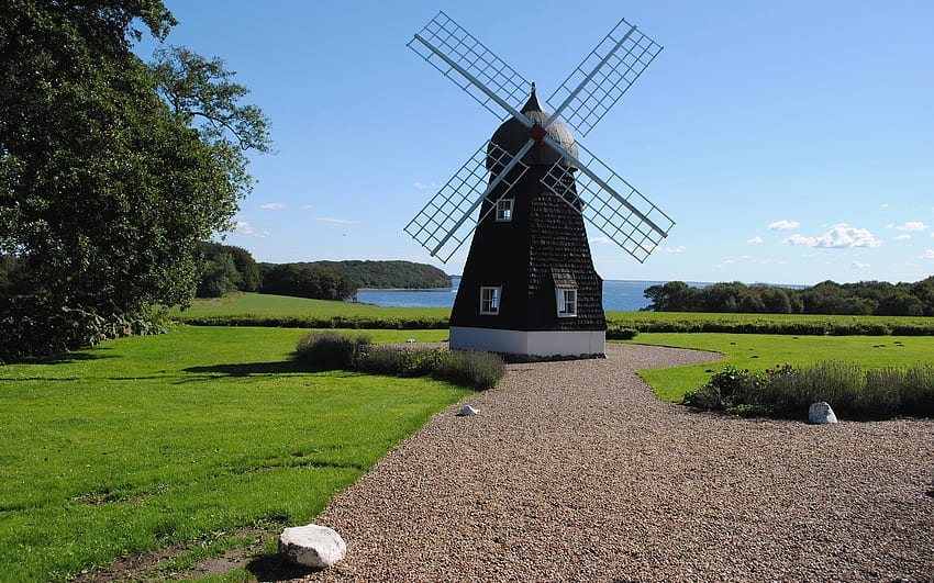 Windmill by Lake, wooden, windmill, path, rocks, lake HD wallpaper
