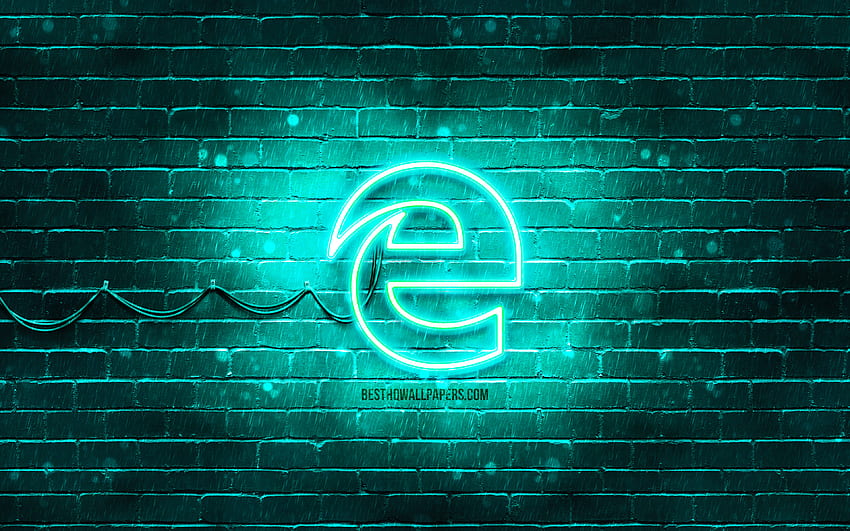 Microsoft Edge 청록색 로고, , 청록색 brickwall, Microsoft Edge 로고, 브랜드, Microsoft Edge 네온 로고, Microsoft Edge HD 월페이퍼