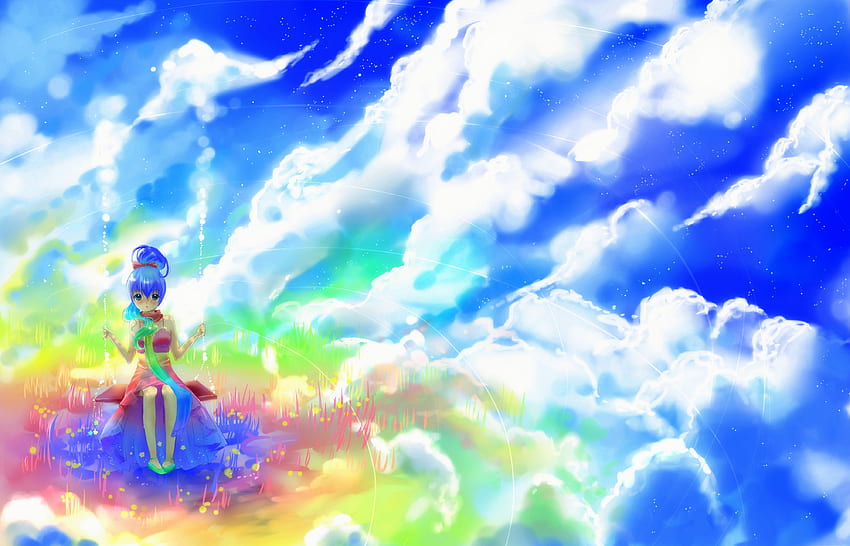 Rainbow of the Sky, blue dreams, colors, digital art, bright, drawings, characters, girl, paintings, fantasy, rainbow, pretty, swings, cool, clouds, softness beauty, sky, lovely HD wallpaper