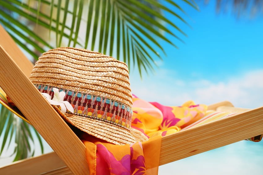 Summer Vacation, sunshine, summer, tropical, hat, vacation, beach HD wallpaper