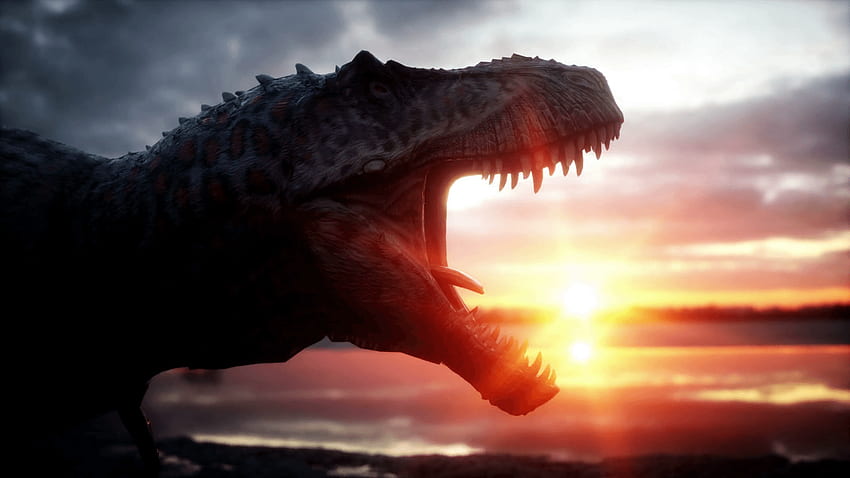 Dinosaurier. Prähistorische Zeit, felsige Landschaft. Wunderbarer Sonnenaufgang HD-Hintergrundbild
