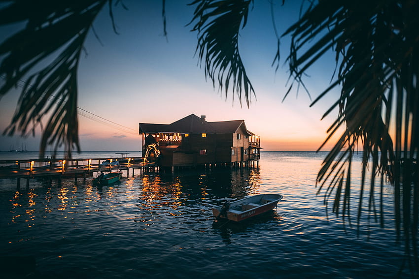 Natur, Wasser, Sonnenuntergang, Meer, Ast, kleines Haus, Lodge HD-Hintergrundbild
