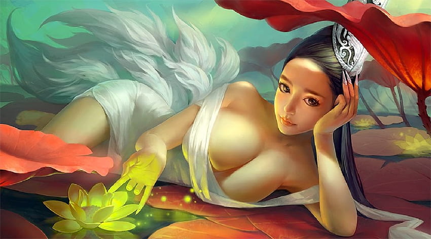 Green Lotus, art, green light, busty, beautiful, girl, woman, witch, digital, fantasy HD wallpaper