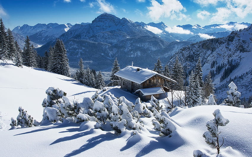 Tirol, österreichische Alpen, Hütte, Schnee, Bäume, Wolken, Landschaft, Himmel, Berge HD-Hintergrundbild