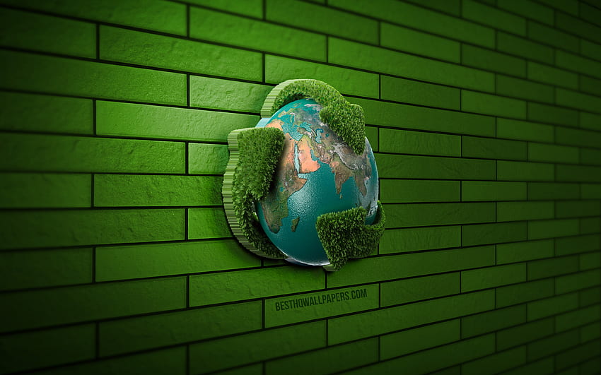 3D-Recycling-Symbol, Umwelt, grüne Ziegelwand, kreativ, Recycling-Symbol, Ökologiekonzepte, Recycling, 3D-Kunst, Ökologie-Symbole HD-Hintergrundbild