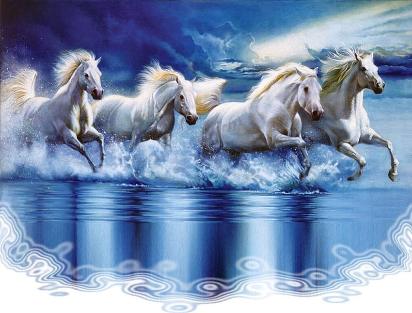 Galloping Glory - Horses F+Cmp, horse, running, art, lake, surf, artwork, painting, galloping, equine, water, ocean HD wallpaper