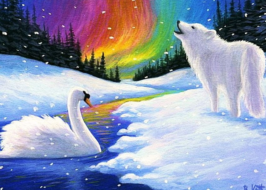 Polar Wolf and Swan, artwork, river, painting, snow, landscape, northern Light HD wallpaper