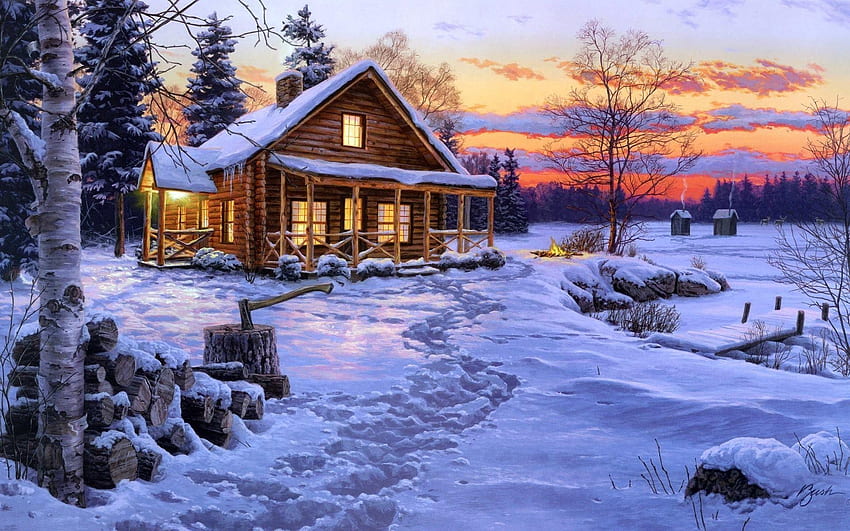 Зимен дом, снежни къщи HD тапет