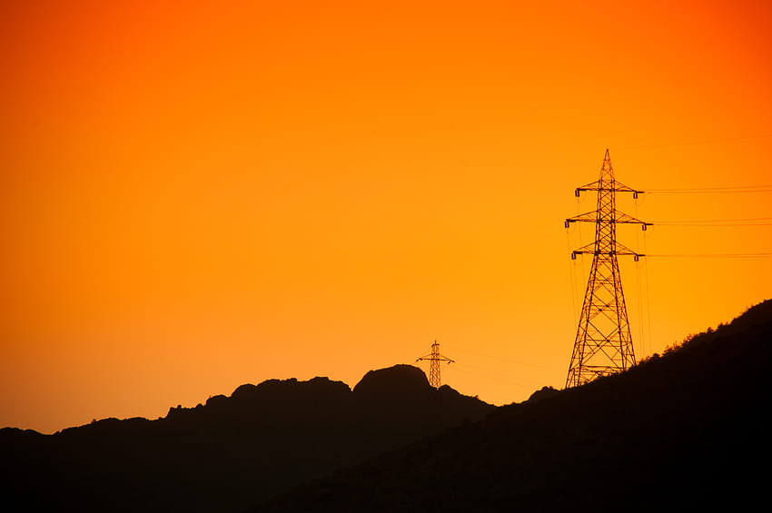 Sunset, Twilight, Dark, Dusk, Hills, Electrosupports, Electric Poles HD wallpaper