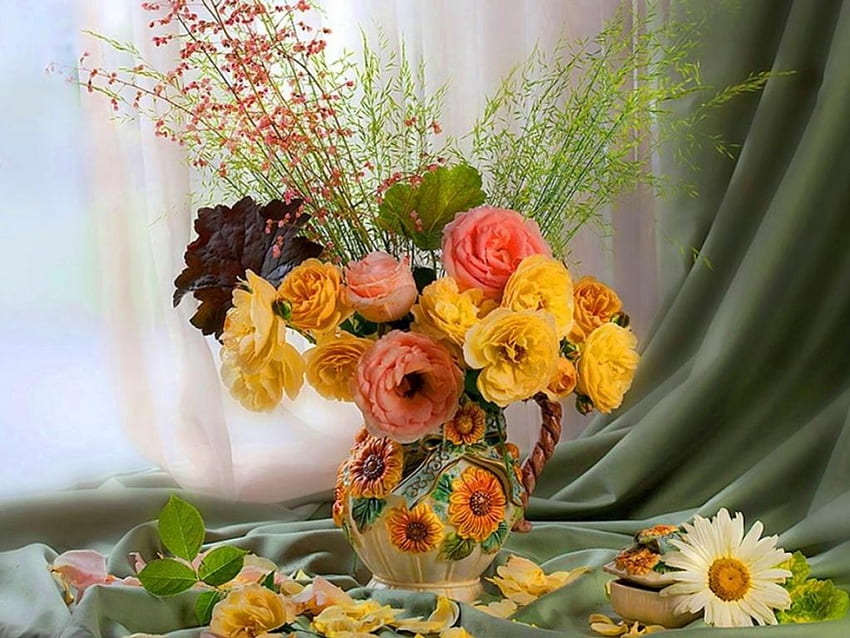 장미, 정물화, 꽃, 그래픽, 찻주전자가 있는 찻주전자 HD 월페이퍼