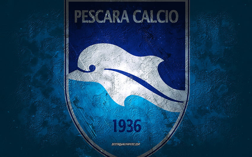 Delfino Pescara 1936、イタリアのサッカー チーム、青の背景、Delfino Pescara 1936 のロゴ、グランジ アート、セリエ B、サッカー、イタリア、Delfino Pescara 1936 エンブレム 高画質の壁紙