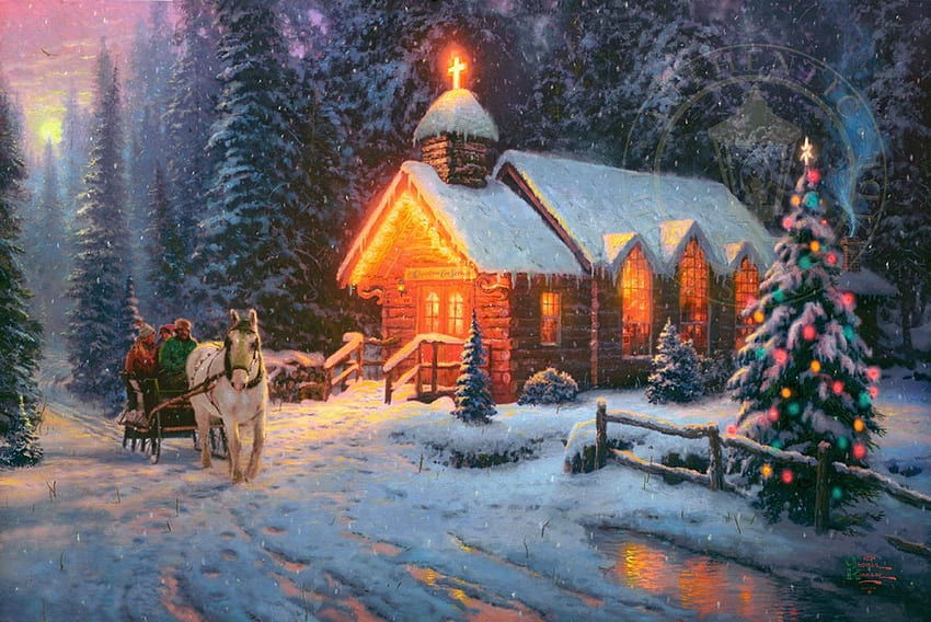 Weihnachtskapelle I – Limited Edition Art.-Nr. Die Thomas Kinkade Company, Weihnachten Thomas Kinkade Winter HD-Hintergrundbild