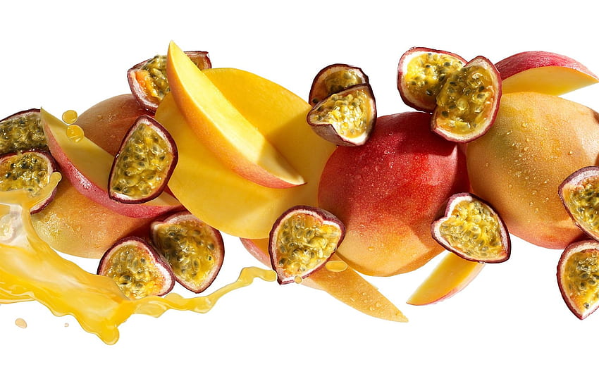 Passion fruit, mango, apple, slices HD wallpaper