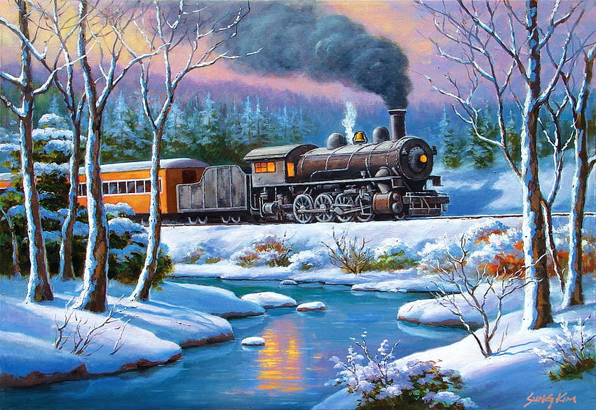 Winter Forest Express, obras de arte, río, tren de vapor, nieve, árboles, tren, locomotora, hielo, pintura fondo de pantalla