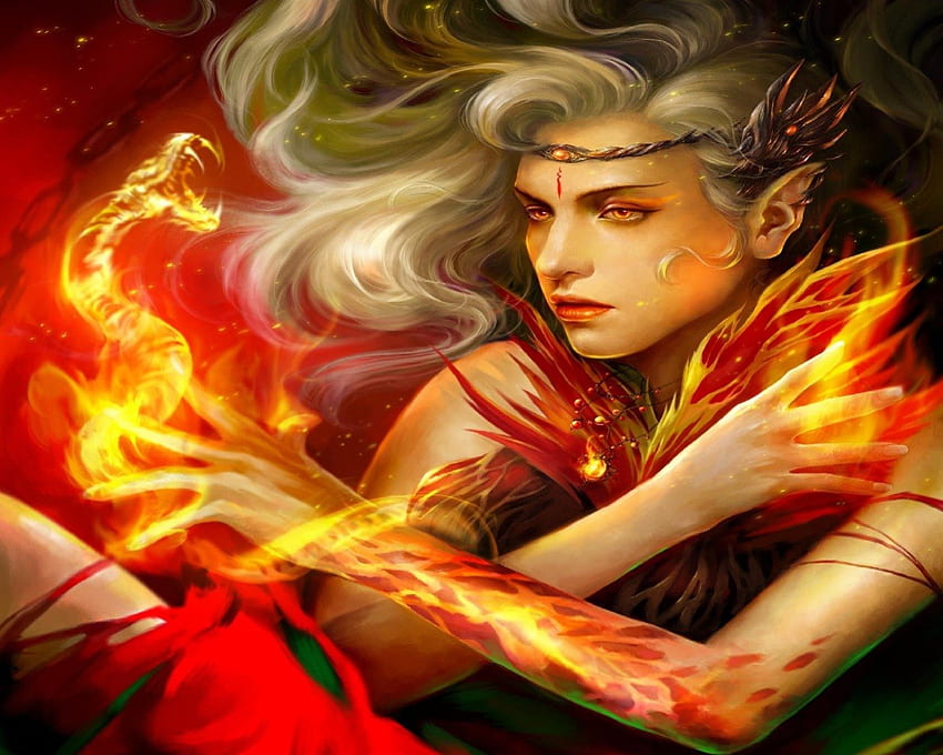 Fire Goddess, snake, fantasy, flames, goddess, fire HD wallpaper