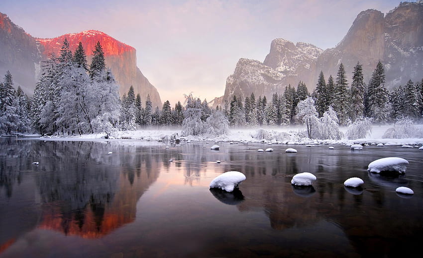 Winter, Fluss, verschneit, Landschaft, See, Spiegelung, Schnee, Wolken, Natur, Himmel, Berge, Wasser, Winterzeit HD-Hintergrundbild