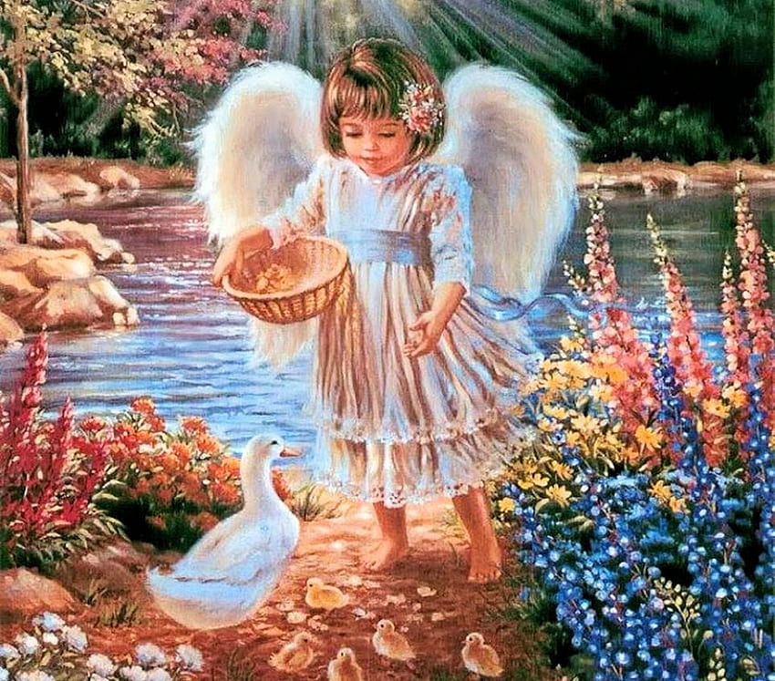Little Angel, chicken, duck, sunrays, flowers, girl, paintings, pond HD wallpaper