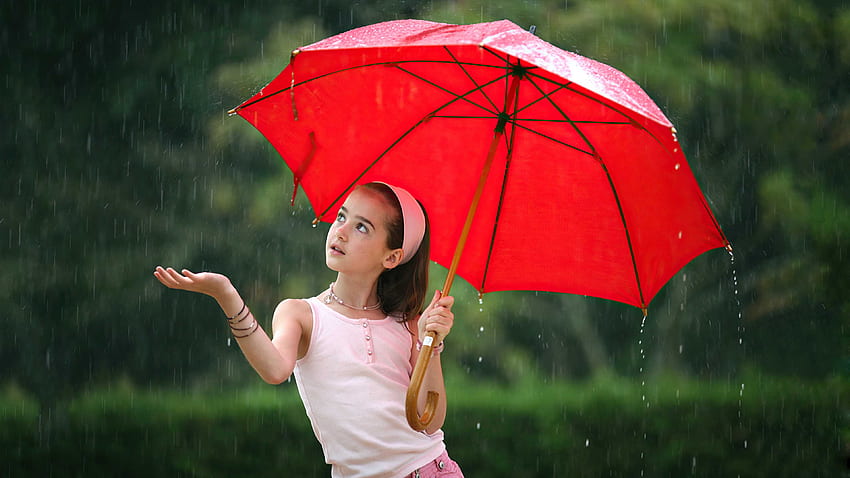 Cute Little Girl Is Standing Under Red Umbrella Wearing Light Pink Dress In Rain Falling Background Cute HD wallpaper