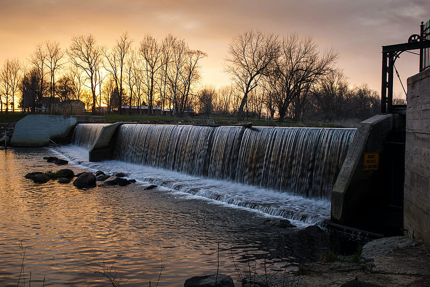 Dam, river, reservoir, fall, waterfall, water, dusk, sunset, pretty HD wallpaper