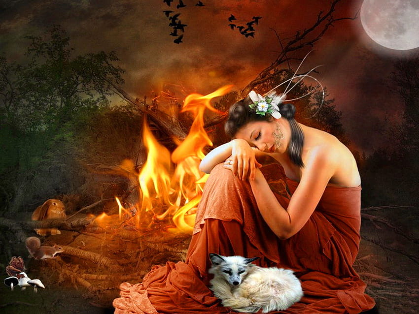 Near the warmth of the fire, dog, girl, lonely, near, woman, puppy, lady, warmth, moon, fire, loneliness HD wallpaper
