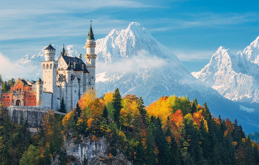 秋、森、空、雲、木、山、城、ドイツ、バイエルン、ノイシュヴァンシュタイン城、セクションの詳細 高画質の壁紙