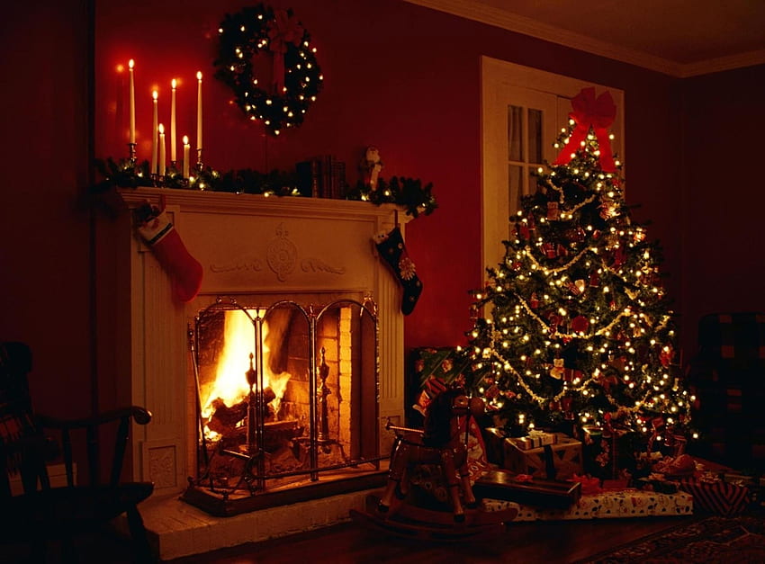 クリスマスの暖炉の火の休日のお祝いの装飾 u 高画質の壁紙