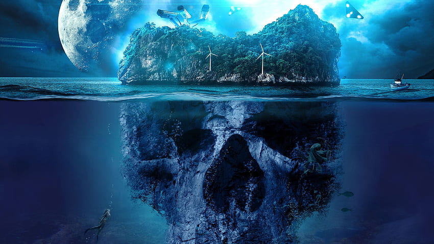 of Island, Skull, Fantasy, Ocean, Moon background, Ice Moonの 高画質の壁紙