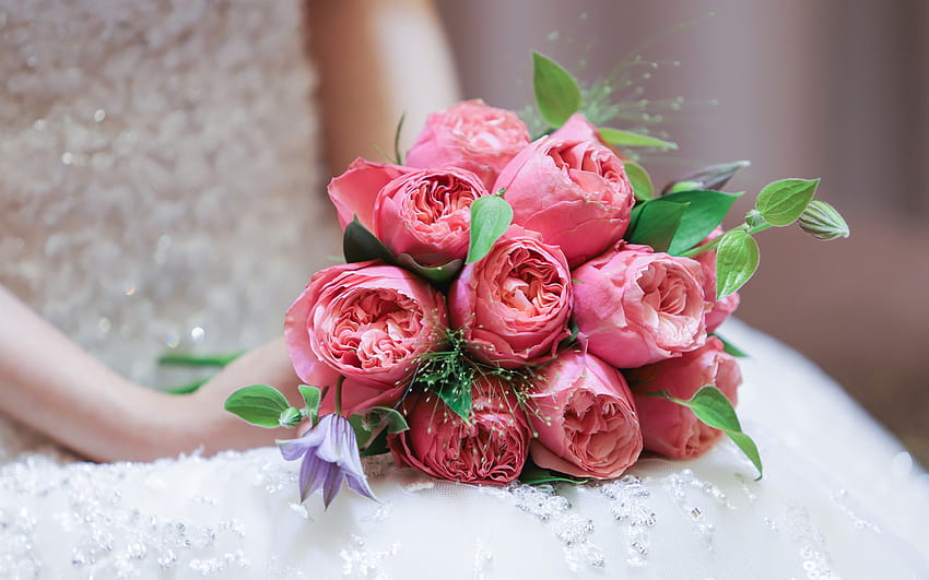 buket pengantin mawar, buket mawar merah muda, buket pengantin, mawar merah muda, bunga-bunga indah, pernikahan Wallpaper HD