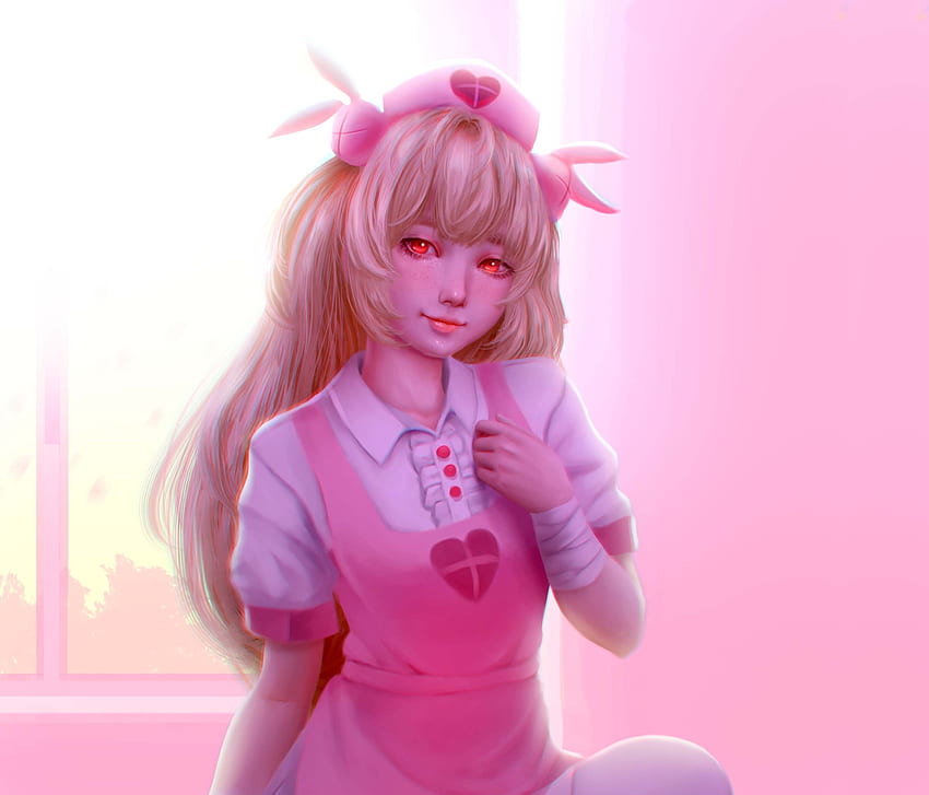 Pink dress, cute, anime girl, red eyes, art HD wallpaper