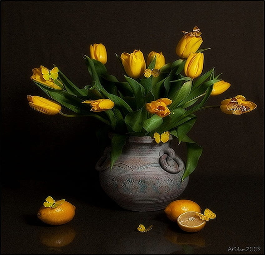 Yellow tulips, vase, beautiful, tulips, butterflies, butterfly, oranges, yellow, fruit, flowers HD wallpaper