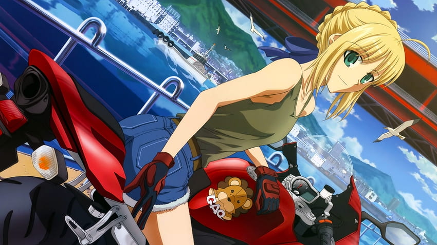 Biker Saber, anime girl, saber, cute anime girl, blonde, motorcycle, fate stay night, tank top HD wallpaper