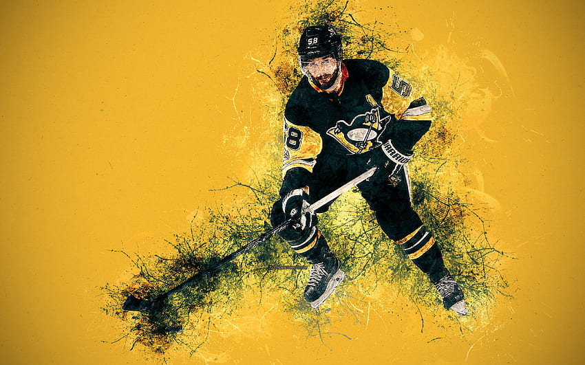 Kris Letang, , Canadian hockey player, Pittsburgh Penguins, creative art, splashes, paint art, yellow grunge background, grunge style, NHL, USA, hockey for with resolution . High Quality HD wallpaper