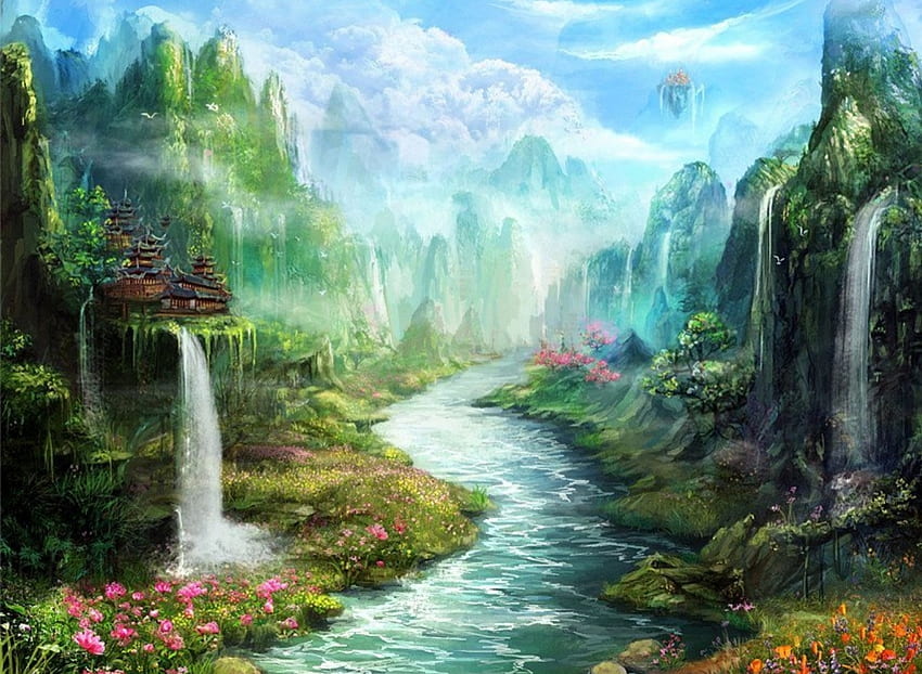 Air Terjun Serenity, sungai, lukisan, lembah, air terjun, alam, pegunungan Wallpaper HD