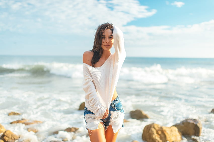 Michele Maturo, sea, sand, model, rocks, beach, woman, babe, lady, water, ocean HD wallpaper