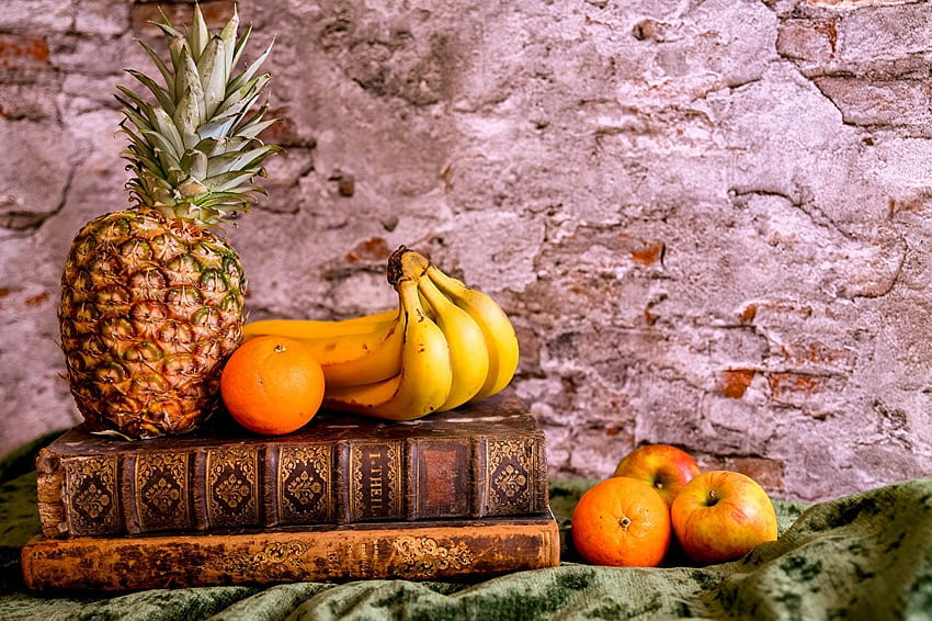 Orange fruit Apples Bananas Pineapples Food Book HD wallpaper