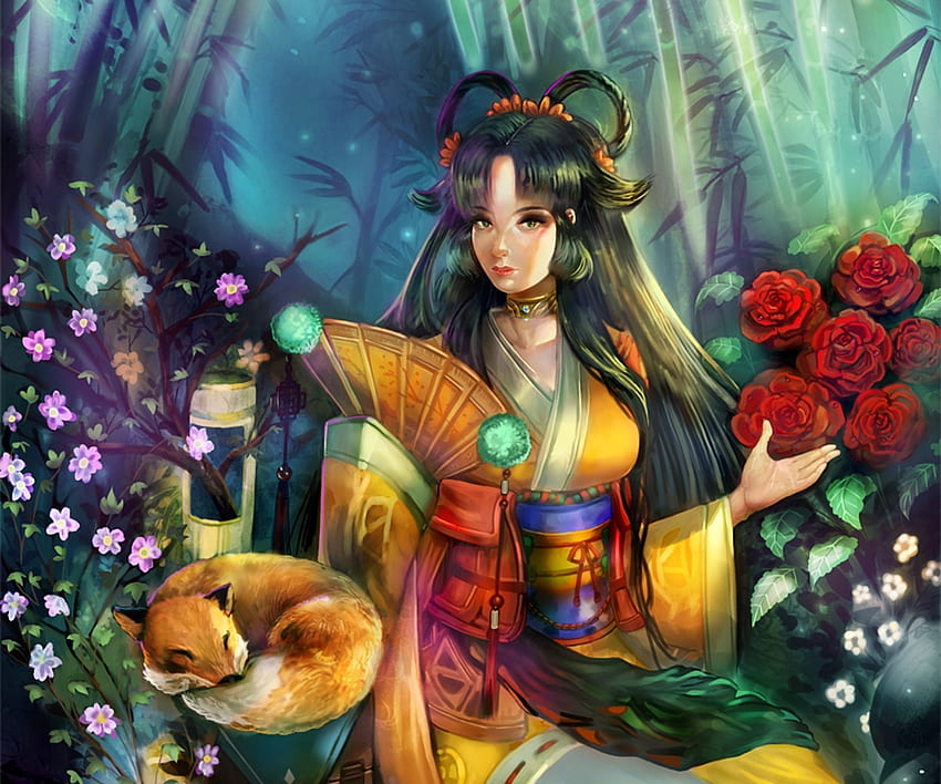 Princess Kaguya, animal, asian, cakeroll, girl, fox, fan, rose, kaguya hime,  hand fan, fantasy, flower, green, yellow, red, princess HD wallpaper |  Pxfuel