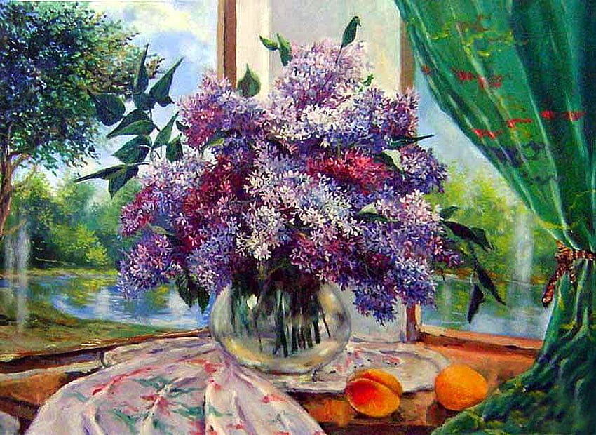 Mikhail Bychkov. Lilacs in the window, mikhail bychkov, art, painting, flower HD wallpaper