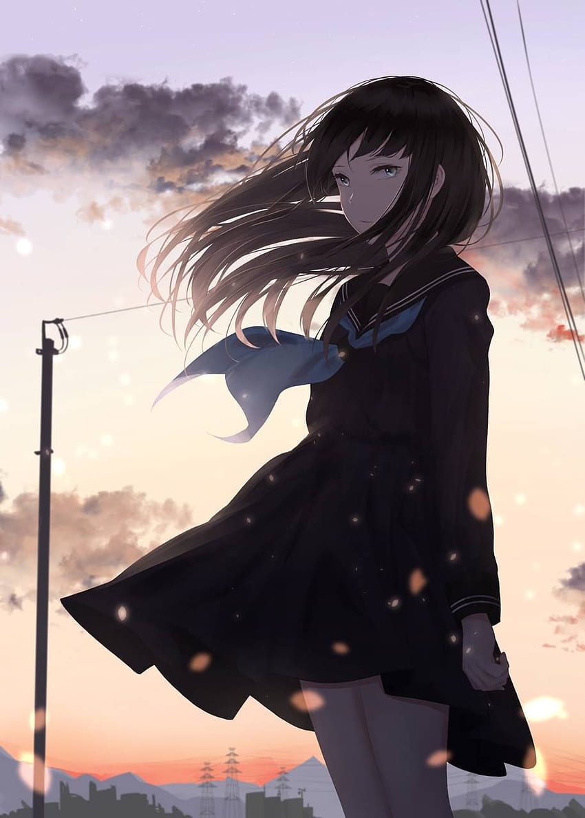 Black Haired Girl Alone, Anime Girl Alone Light HD phone wallpaper